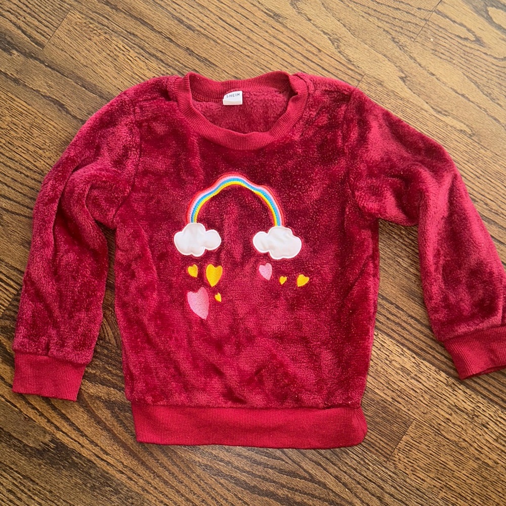 Red Kids Sweatshirt with Rainbow and Clouds